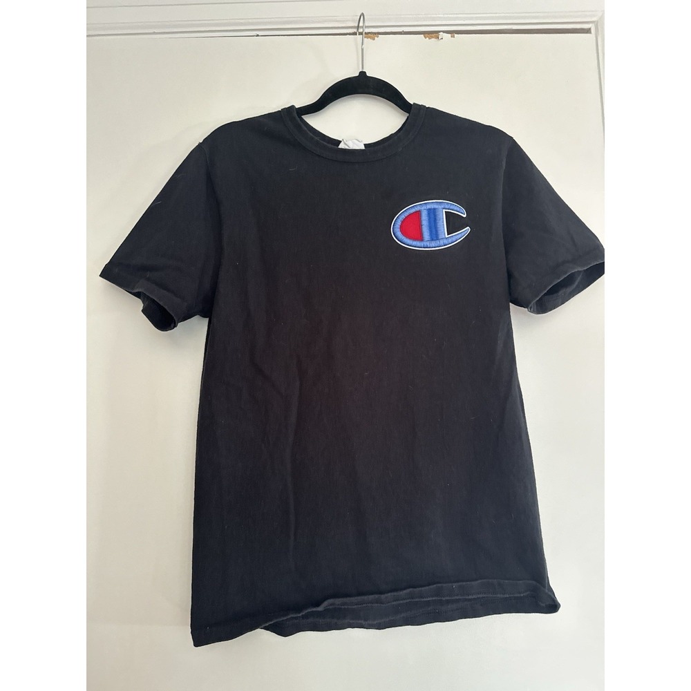 VTG 90's Champion S Black Crew Neck Tee. Large Embroidered Logo Short Sleeve